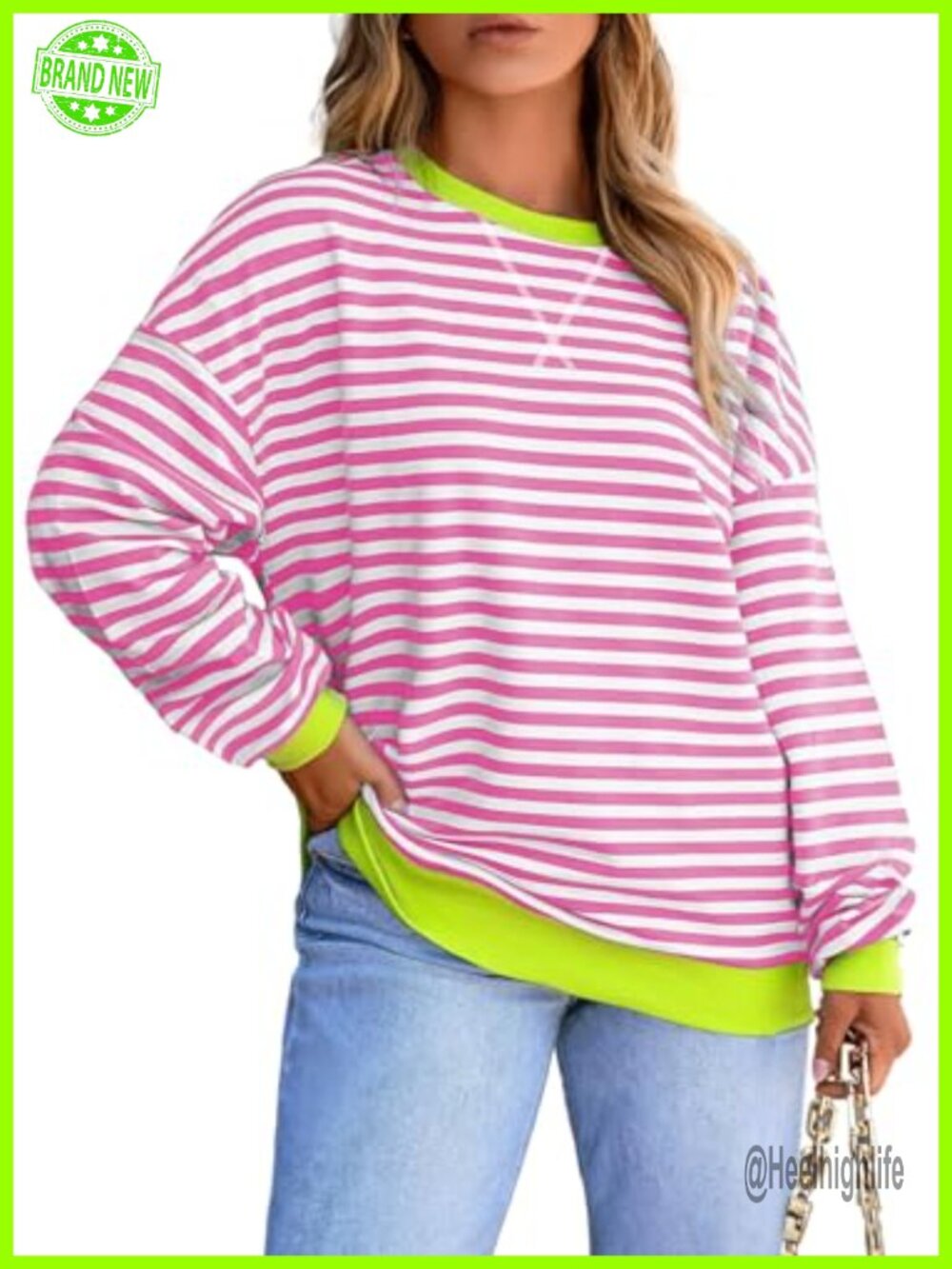 Plus Size Striped Color Block Crewneck Pullover Sweatshirt Long Sleeve Loose